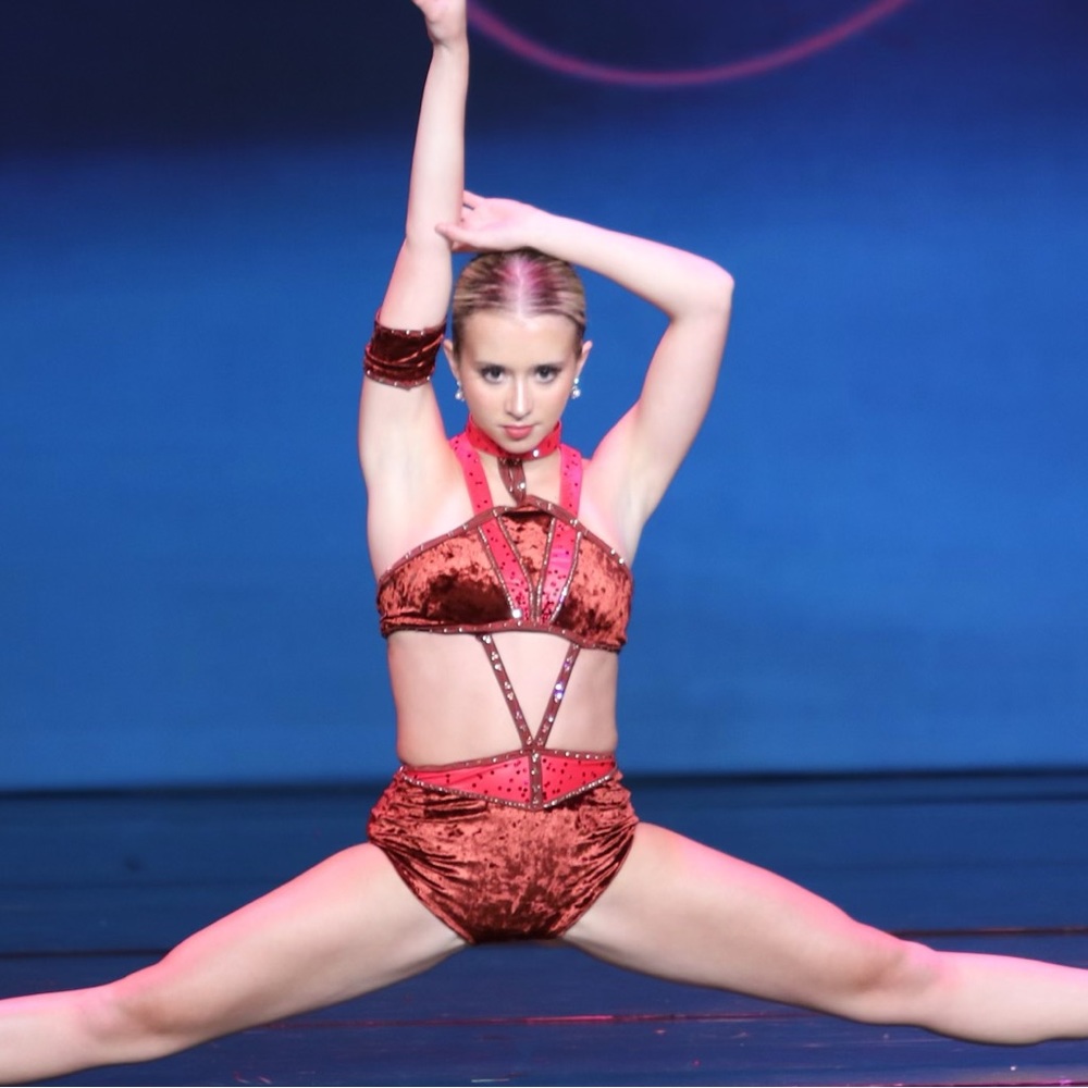 Custom contemporary dance costume, very unique! Faux leather and velvet, fits AS